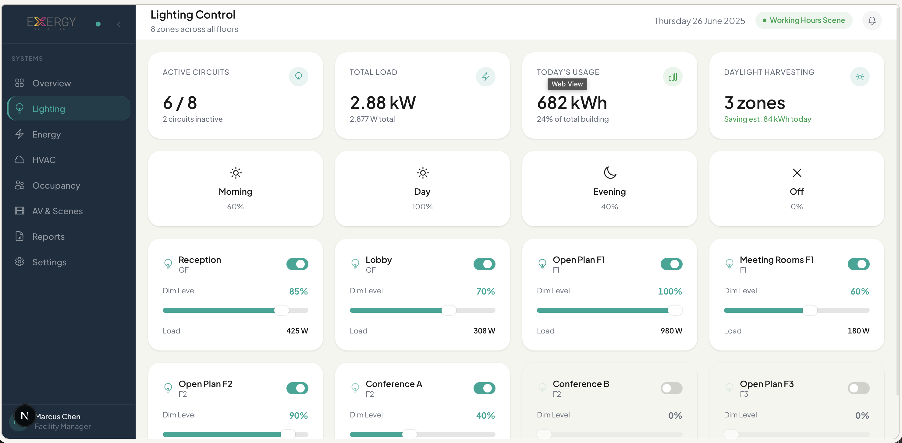 Exergy Core lighting control screen showing scene selection, zone brightness levels, schedules and daylight harvesting settings