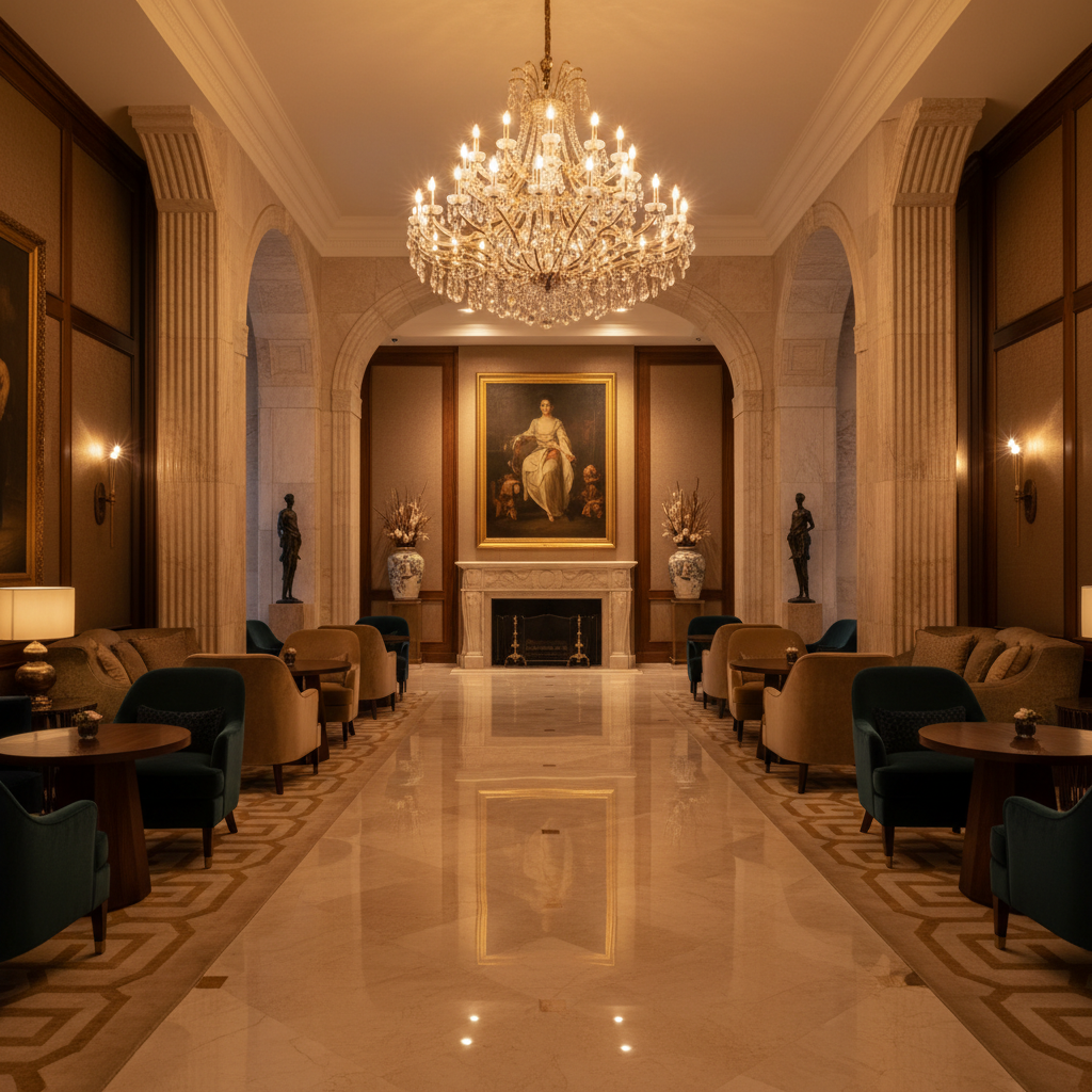 Luxury hotel lobby with warm atmospheric lighting — illustrating Casambi wireless lighting control for hospitality