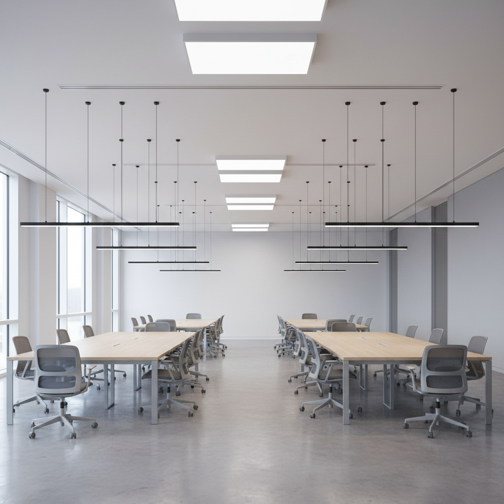 Modern open plan office with clean ceiling lighting — illustrating Casambi wireless lighting control for offices
