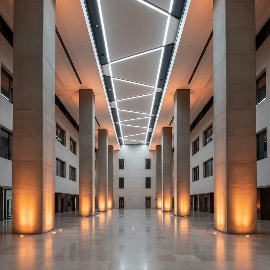 Modern commercial building interior with architectural lighting — illustrating the context for Casambi vs KNX lighting control comparison