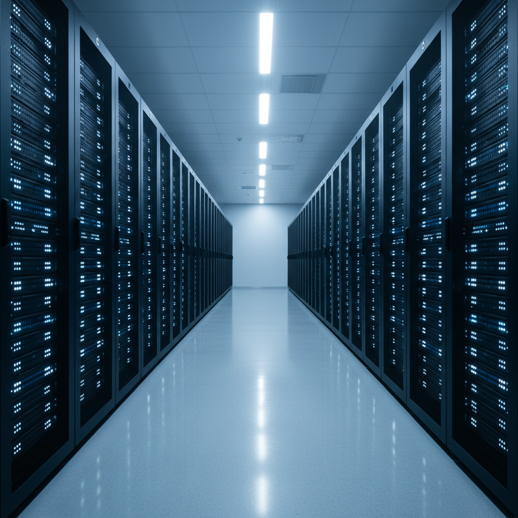 Clean minimal server room corridor with cool blue-white lighting, rows of server racks and polished reflective floor