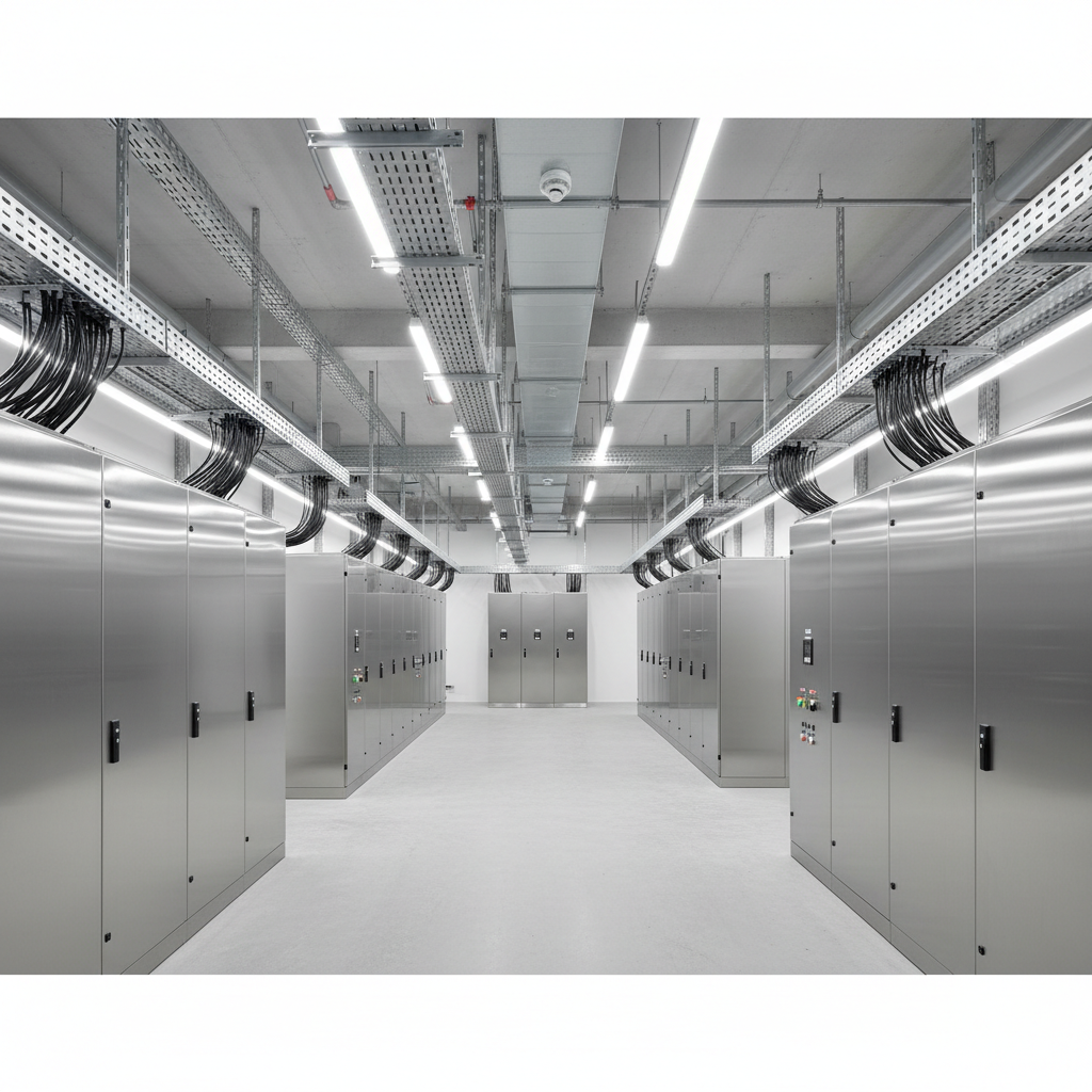 Modern building mechanical room with electrical panels, control cabinets and organised cable management in a clean professional interior