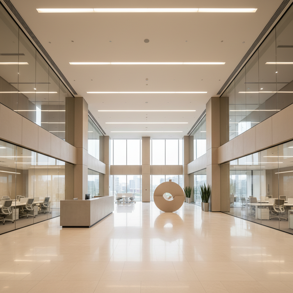 Large commercial building lobby with open plan office space, high ceilings with indirect lighting and polished stone floors