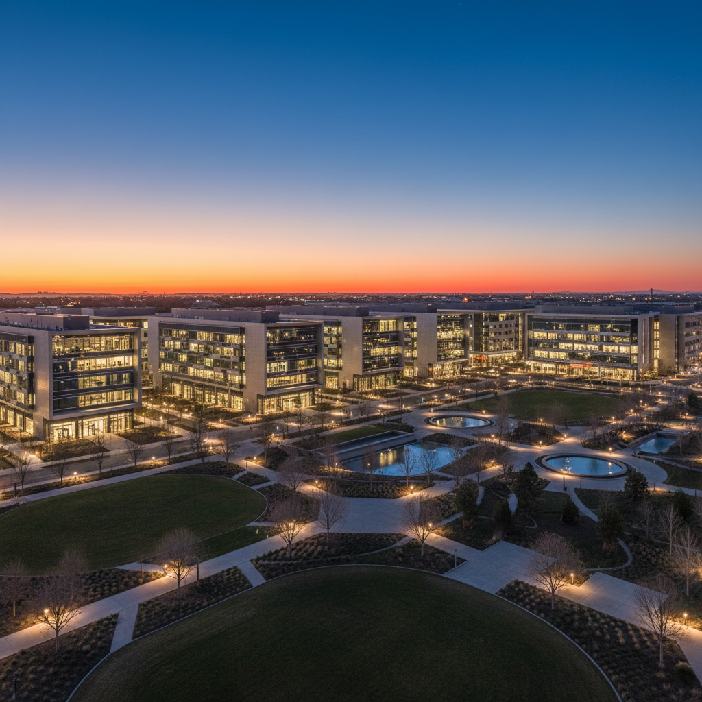 Aerial wide view of a modern business campus at dusk with illuminated building facades, landscaped grounds and pathway lighting
