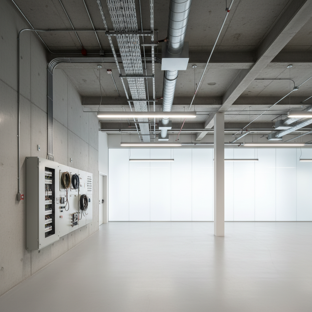 Modern industrial commercial space with visible infrastructure, exposed mechanical systems and organised conduit runs in a clean minimal interior