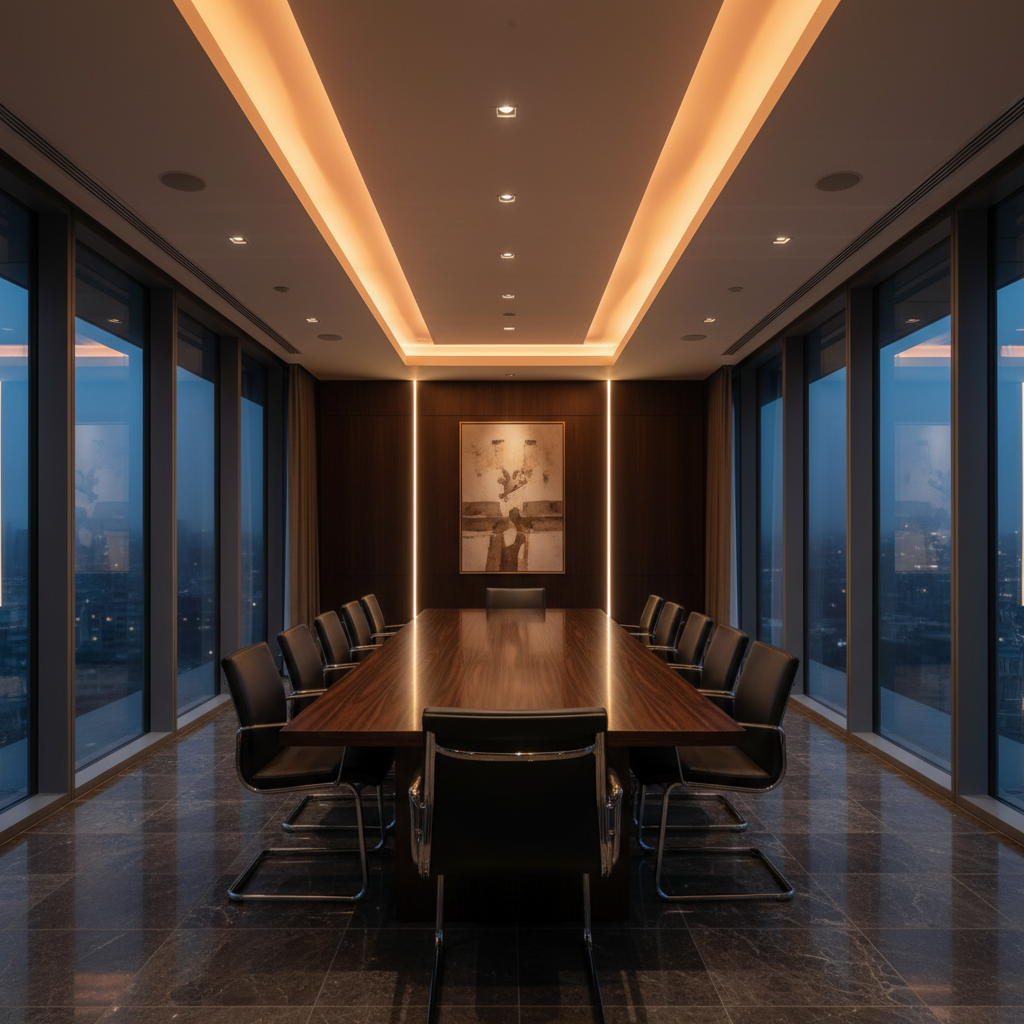 Luxury boardroom with sophisticated recessed ceiling lighting, long dark wood conference table and glass walls with warm amber glow