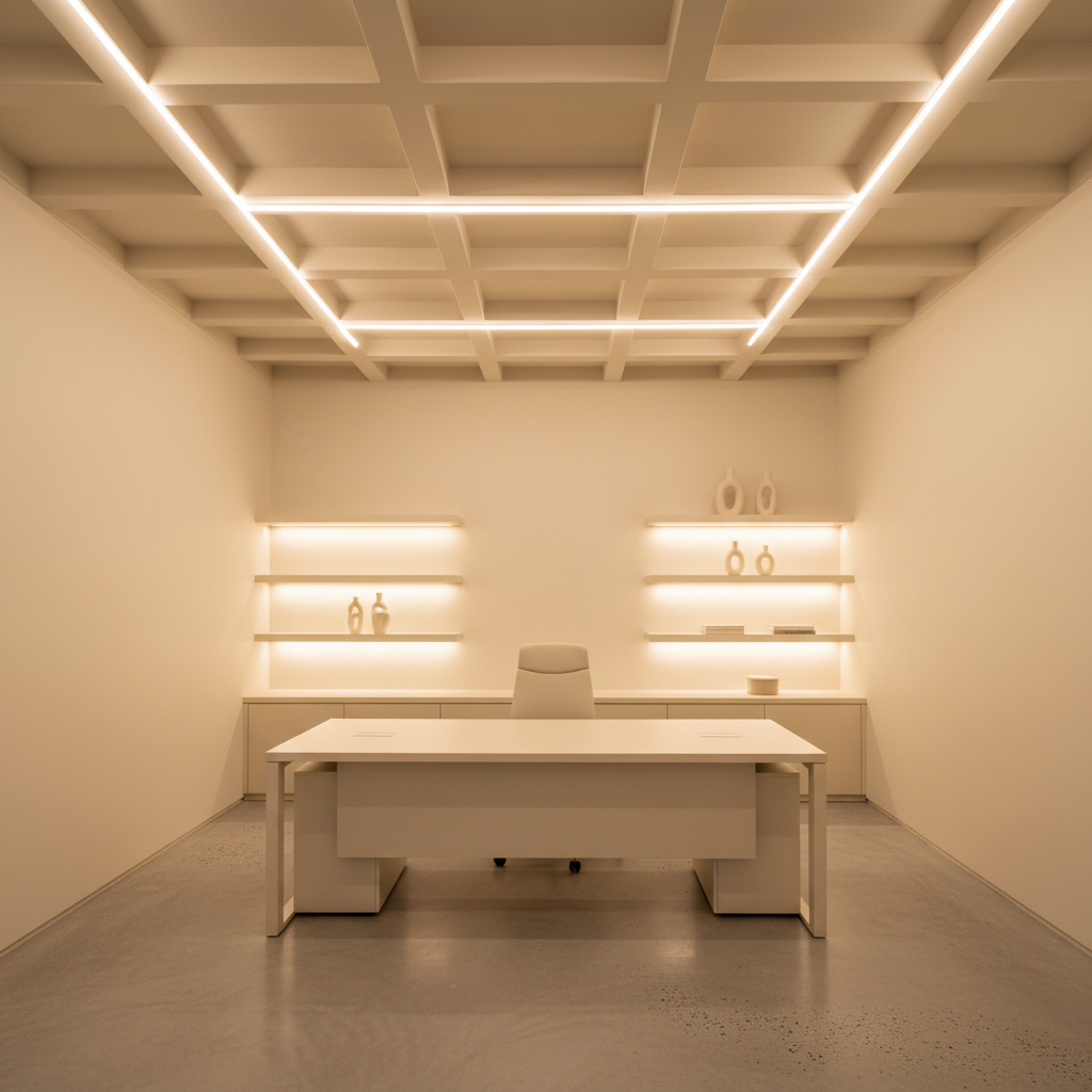 Modern office interior with architectural ceiling lighting, warm white tones and clean recessed linear LED strips in a coffered ceiling